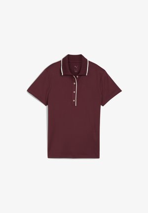 Bordeauxfarbendes Poloshirt aus glattem Stoff, mit einem gerippten Kragen in Weiß und einer Knopfleiste mit drei Knöpfen. Kurze Ärmel.