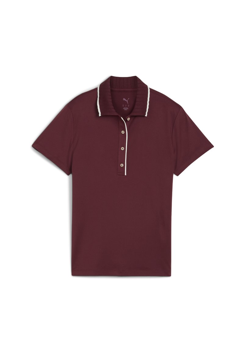 Burgundilainen polo-paita, joka on valmistettu sileästä kankaasta. Siinä on ribattu kaulus, jossa on valkoisia yksityiskohtia, ja kolmen napin nappilista. Lyhyet hihat.