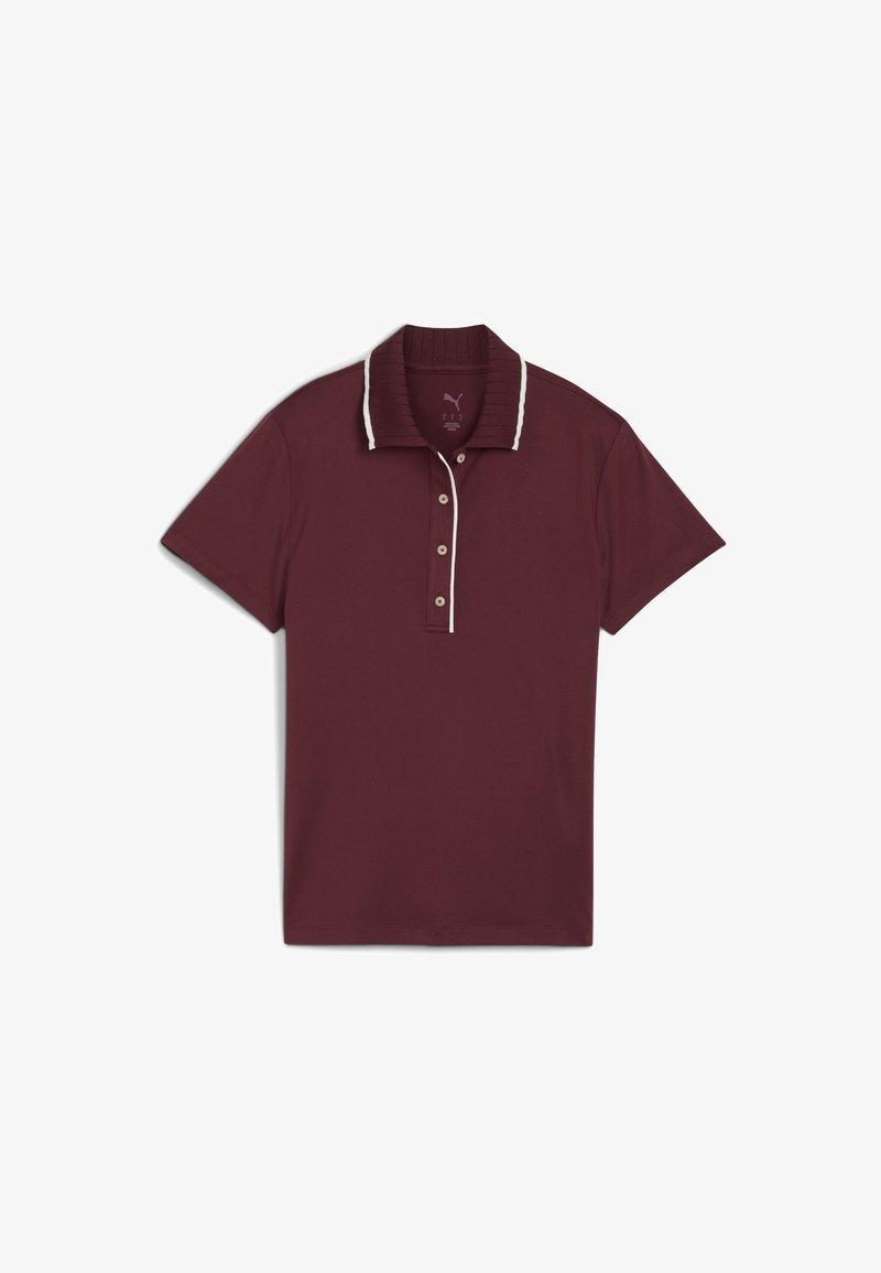 Polo bordeaux en tissu lisse, avec un col côtelé et des accents blancs et une patte de boutonnage à trois boutons. Manches courtes.