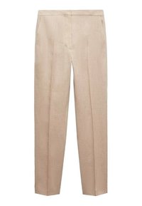 Pantalon en lin beige avec une coupe droite, présentant une texture lisse et des plis subtils à l'avant pour un aspect soigné.