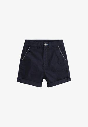 Pantaloncini di cotone blu navy con orli risvoltati, chiusura frontale a bottoni, passanti per cintura e due tasche oblique con dettagli di testo bianco.