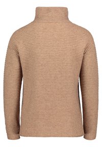 Beige, strukturerad tröja med hög krage och ribbad design. Långa ärmar och avslappnad passform. Tyget har ett mjukt, vävt utseende.