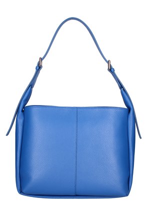 Sac à bandoulière en cuir bleu avec sangle réglable et texture grainée, forme rectangulaire, et détail minimal de coutures au centre.