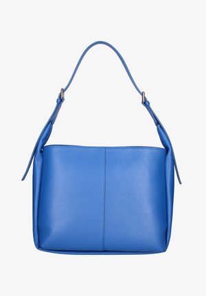 Borsa a tracolla in pelle blu con tracolla regolabile e texture a grana, forma rettangolare e dettaglio di cucitura minima al centro.