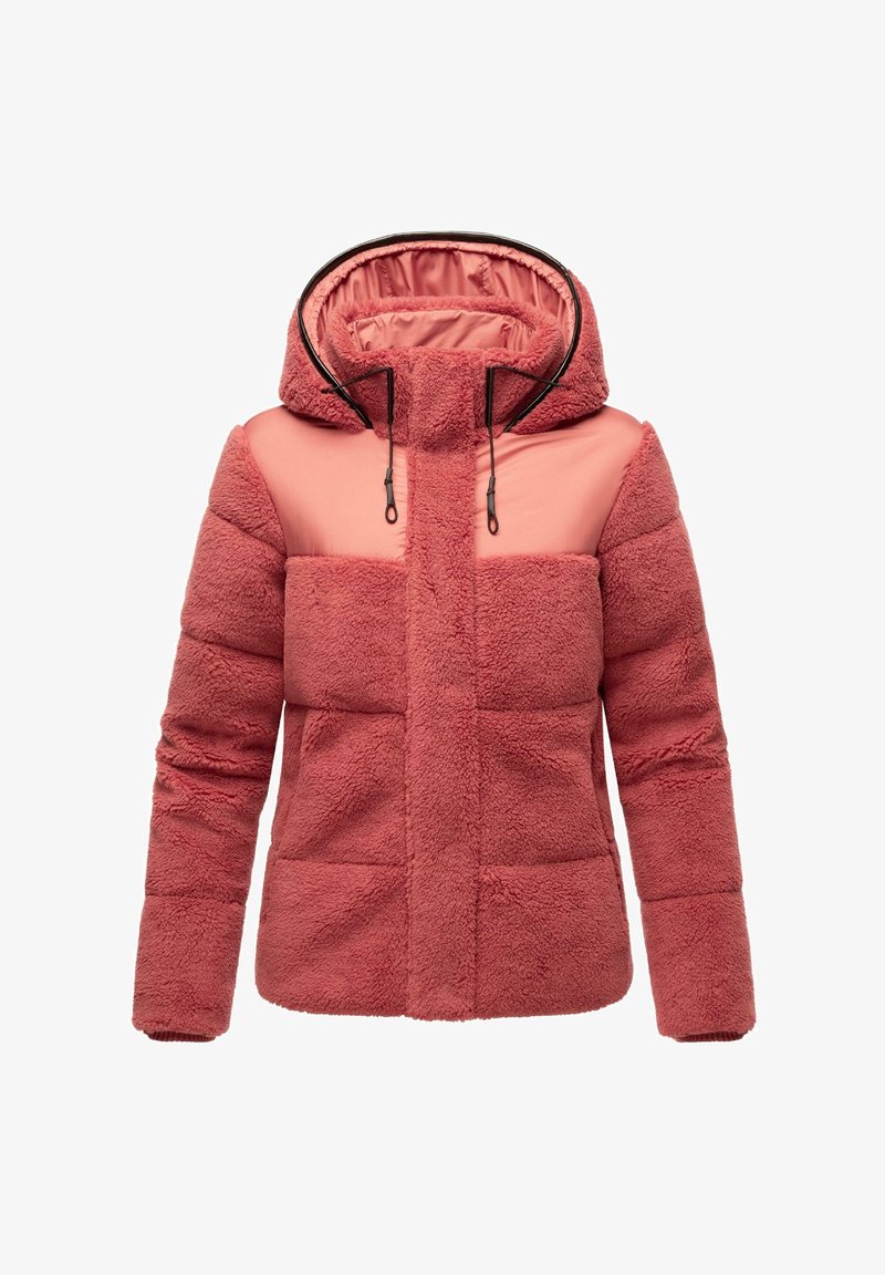 Fleeceforet lyserød hættejakke med en struktureret ydre overflade, polstret design og kontrasterende glatte paneler på skuldrene og den øverste front.