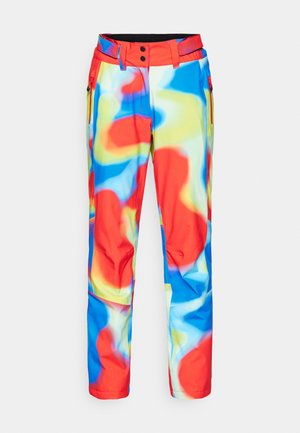 Colorful ski pants with a smooth, water-resistant fabric featuring abstract patterns in red, blue, yellow, and white. Includes zippers and belt loops.