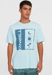 Lyseblå t-shirt lavet af bomuld, med et grafisk print af palmer, sol og tekst. Korte ærmer og rund halsudskæring.