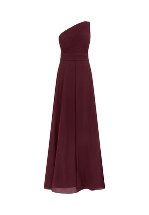 Robe de soirée longue jusqu'au sol, asymétrique à une épaule, de couleur bordeaux, avec un corsage plissé et une taille cintrée.