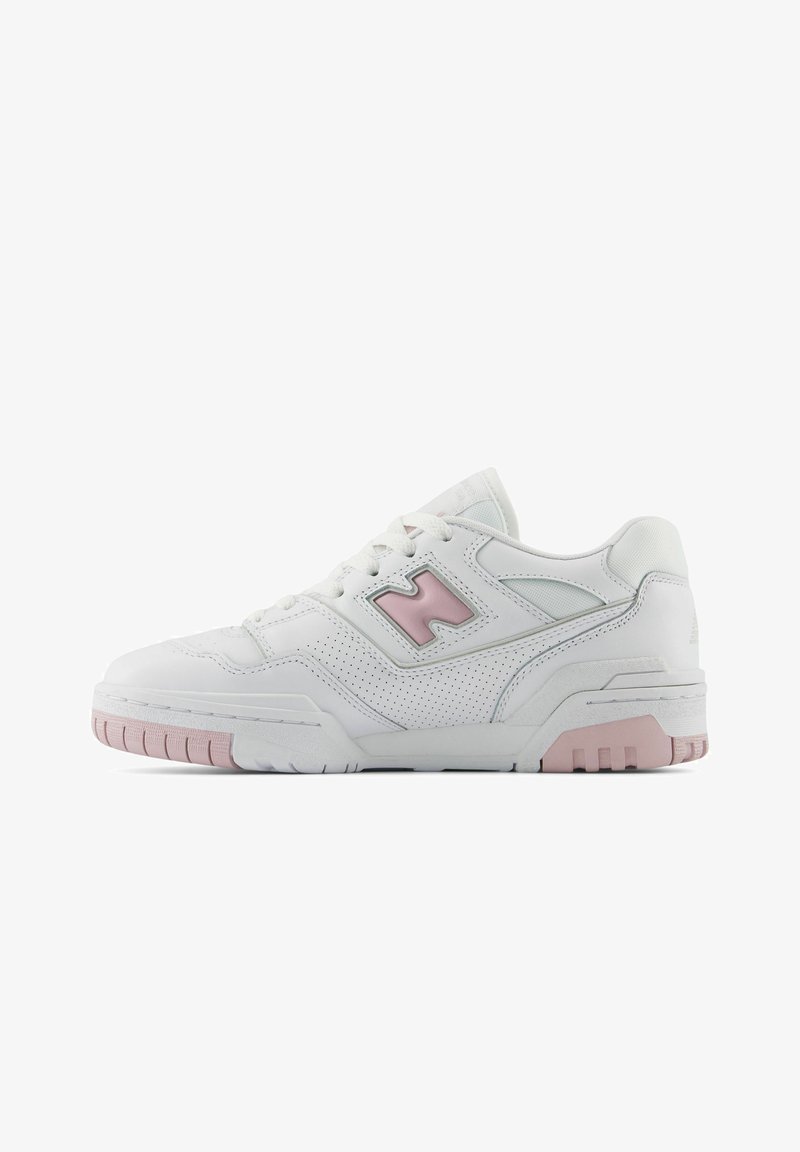 White athletic shoe with pink accents. Features smooth leather, perforated sections, and a thick rubber sole. Laces are standard style.