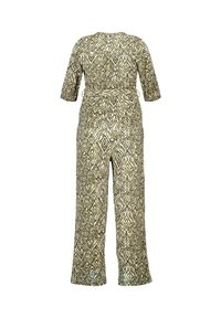Combinaison à manches courtes en motif géométrique vert et blanc avec des jambes larges et une taille cintrée. Comprend un détail à nouer au dos.
