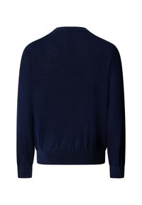 Navyblauwe lichte trui met lange mouwen, een ronde hals en geribde manchetten en onderkant. Soepele textuur met een minimalistisch ontwerp.