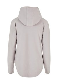 Lys grå fleece hættetrøje med rund nederkant, en stor hætte og lange ærmer. Glat tekstur uden synlige mønstre eller hardware detaljer.