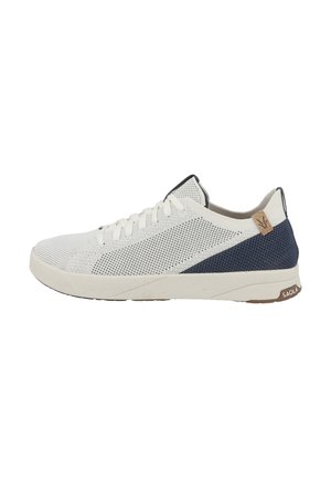 Lightweight sneakers featuring a white mesh upper with navy textured accents. Rounded toe, flat beige outsole, and a logo tag on heel.