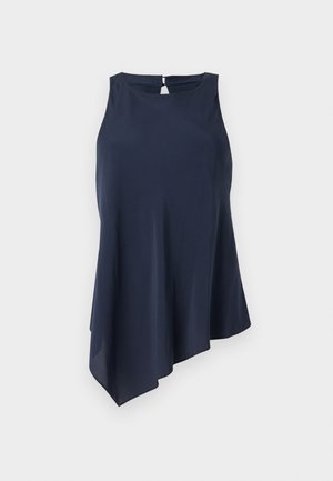 Navy blue sleeveless top with an asymmetrical hem, made of soft fabric. Features a keyhole opening at the back. Simple, elegant design.
