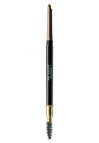 Revlon ColorStay wenkbrauwpotlood met een taps toelopende bruine tip, zwarte behuizing en een gouden accenten spoolieborstel aan de andere kant.