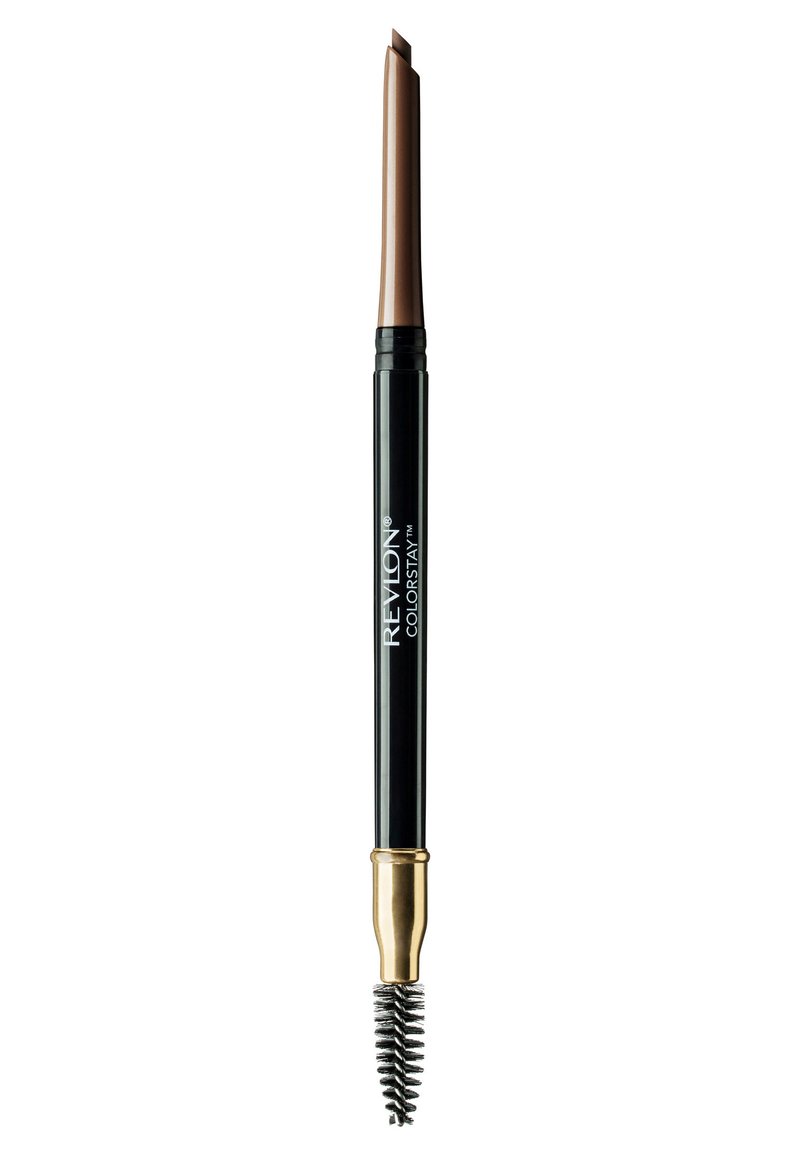 Revlon ColorStay wenkbrauwpotlood met een taps toelopende bruine tip, zwarte behuizing en een gouden accenten spoolieborstel aan de andere kant.