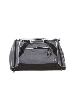 Borsa sportiva grigia e nera con più scomparti con zip e manici neri, con un piccolo logo Champion sul davanti.