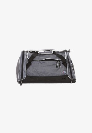 Borsa sportiva grigia e nera con più scomparti con zip e manici neri, con un piccolo logo Champion sul davanti.