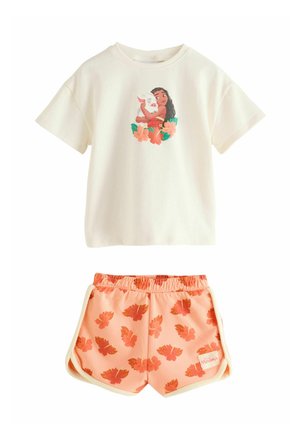 Short-sleeve cream t-shirt featuring a colorful graphic and peach shorts adorned with orange leaf patterns. Elastic waistband for comfort.