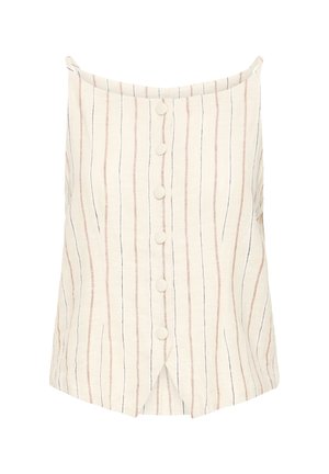Haut sans manches crème avec fines rayures verticales marron et noires, doté de sept boutons recouverts sur le devant, alignés au centre.
