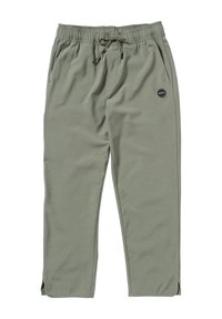 Olive green sweatpants with elastic waistband, drawstring, side pockets, and logo patch. Smooth fabric with a relaxed fit and ankle slits.