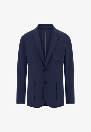 Sötétkék blézer sima textúrával, két elülső zsebpockettel, egy melletti zsebbel és két gombos zárással. Minimalista kialakítás, tejhabbal.
