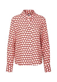 Camicia a maniche lunghe con bottoni, caratterizzata da un motivo geometrico ripetuto in rosso e bianco. Realizzata in tessuto leggero con colletto e chiusura a bottoni.