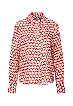 Langarmblouse met een herhalend geometrisch patroon in rood en wit. Gemaakt van lichtgewicht stof met een kraag en knoopsluiting.