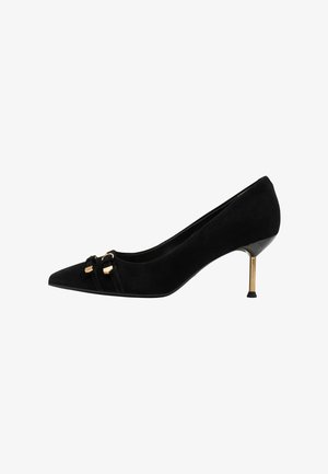 Zwarte suède pumps met een puntige neus, voorzien van twee decoratieve accenten in goudkleurig metaal en een slanke gouden naaldhak.