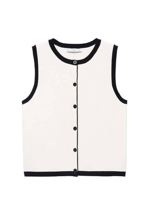 Top sans manches blanc avec bord noir. Présente un col rond et six boutons noirs sur le devant. Texture lisse.