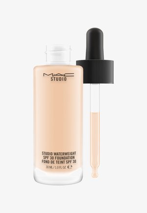 MAC Studio Waterweight SPF 30 Foundation in a clear glass bottle. Features a pale beige liquid and a black dropper with white pipette. 30 mL.