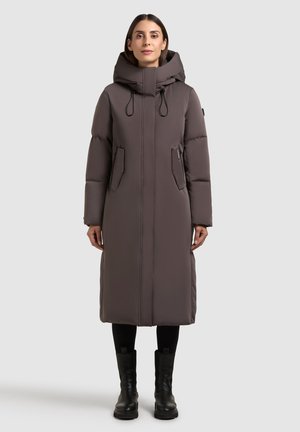 Long, hooded puffer coat in dark gray, featuring a zip-front, two side pockets, and ribbed cuffs. Smooth texture with quilted detailing.