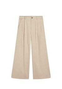 Beige wijde broek met voorsmokken, zijzakken, riemlussen en een knoop met ritssluiting.