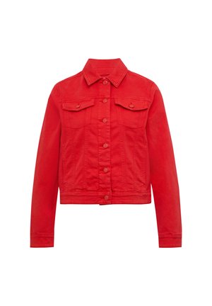 Veste en denim rouge avec col, fermeture à boutons, deux poches avant et manches longues. Présente un design court et des détails de couture.
