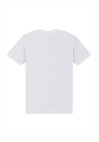 Vit bomull t-shirt, korta ärmar, rund hals, slät textur, inga mönster eller accenter, visas från baksidan.