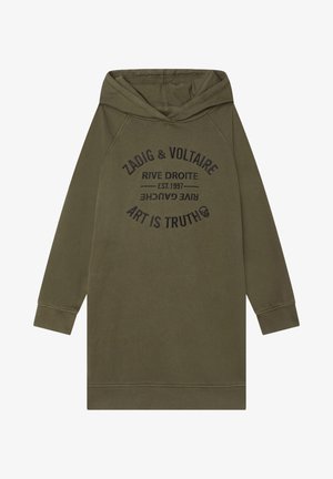 Olivengrøn langærmet hættetrøje kjole med sort tekst, der lyder "Zadig & Voltaire Rive Droite Est. 1997 Art is Truth" og et lille kranie.