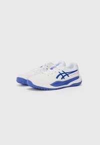 White athletic shoes with blue accents, featuring a mesh upper, padded tongue, and textured blue rubber sole for enhanced grip.