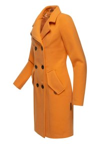 Oranje wollen blazer in een gemengde stof met een dubbelbijpassend ontwerp, zwarte knopen, twee voorzakken en een reverskraag. Glad oppervlak, getailleerde pasvorm.