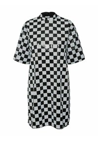 Schwarz-weißer kariertes Kleid mit hohem Ausschnitt, kurzen Ärmeln und Paillettenakzenten; lockere Passform und mittel-lange Ausführung.