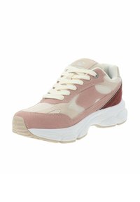 Sneaker leggera con una combinazione di colori rosa e beige, pannelli in rete, colletto imbottito, suola bianca chunky e un sistema di allacciatura ben visibile.
