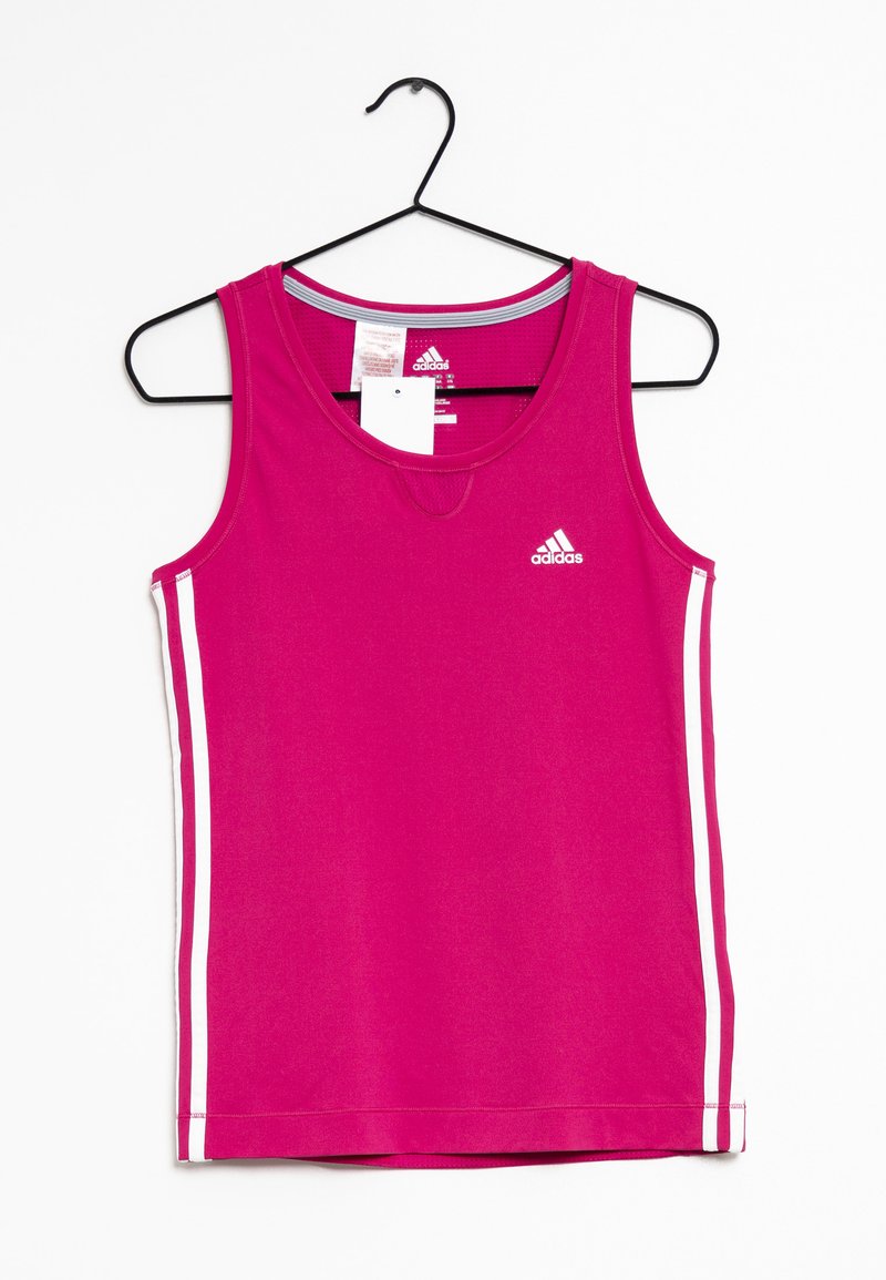 Růžový sportovní top na ramínku, s kulatým výstřihem, bílými bočními pruhy a logem Adidas na hrudi. Hladká textura látky.