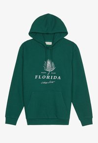 Sudadera verde con un bolsillo tipo canguro en el frente. Presenta texto blanco que dice "FLORIDA", un diseño de hoja de palma y una capucha con cordón. Material de algodón.