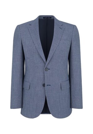 Teksturowana niebieska marynarka o dopasowanym kroju, z klapami w szpic, zapięciem na dwa guziki i dwiema kieszeniami z przodu. Wnętrze podszewki w ciemnym kolorze.