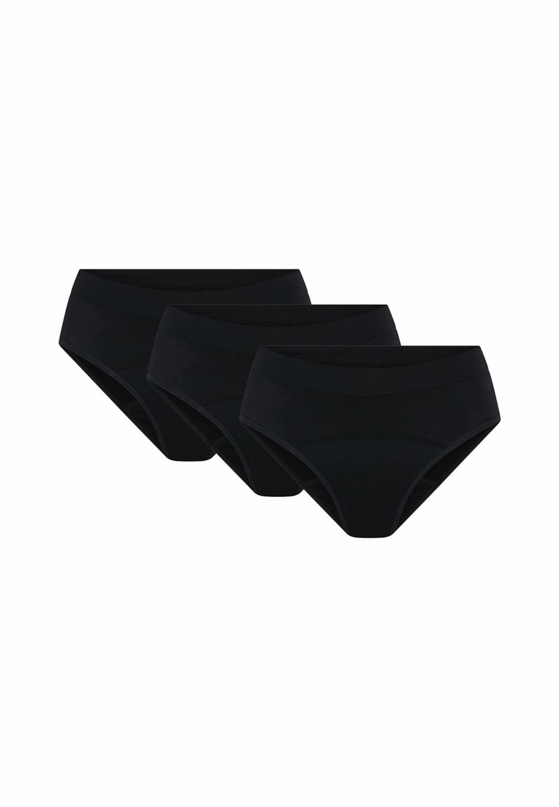 Schwarze Baumwoll-Hochbundslips, Dreierpack. Glatte Textur und elastischer Bund mit einfachem Design. Keine sichtbaren Muster oder Akzente.