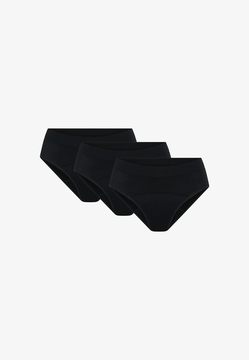 Schwarze Baumwoll-Hochbundslips, Dreierpack. Glatte Textur und elastischer Bund mit einfachem Design. Keine sichtbaren Muster oder Akzente.