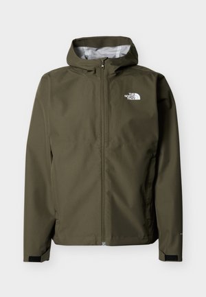 Jachetă impermeabilă cu glugă, de culoare verde măsliniu, cu fermoar frontal complet, manșete reglabile și logo alb The North Face pe piept.