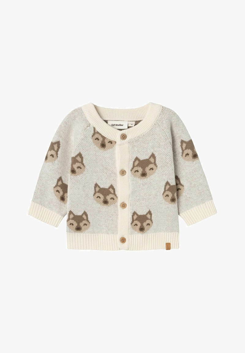 Light blue cardigan featuring cream trim, wooden buttons, and repeated brown wolf face patterns on a fluffy knit texture.