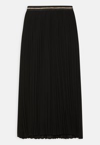 Gonna nera a pieghe con una finitura texturizzata, dotata di una vita lucida. Design di media lunghezza con tessuto morbido e fluido.