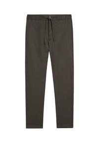 Pantaloni leggeri grigio scuro in tessuto texturizzato, con vita elastica e cordoncino. Presentano un unico bottone per la chiusura.