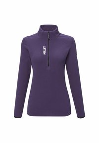 Purple long-sleeve zip-up pullover made of textured fabric. Features a high neck, fitted design, and a white logo on the front.